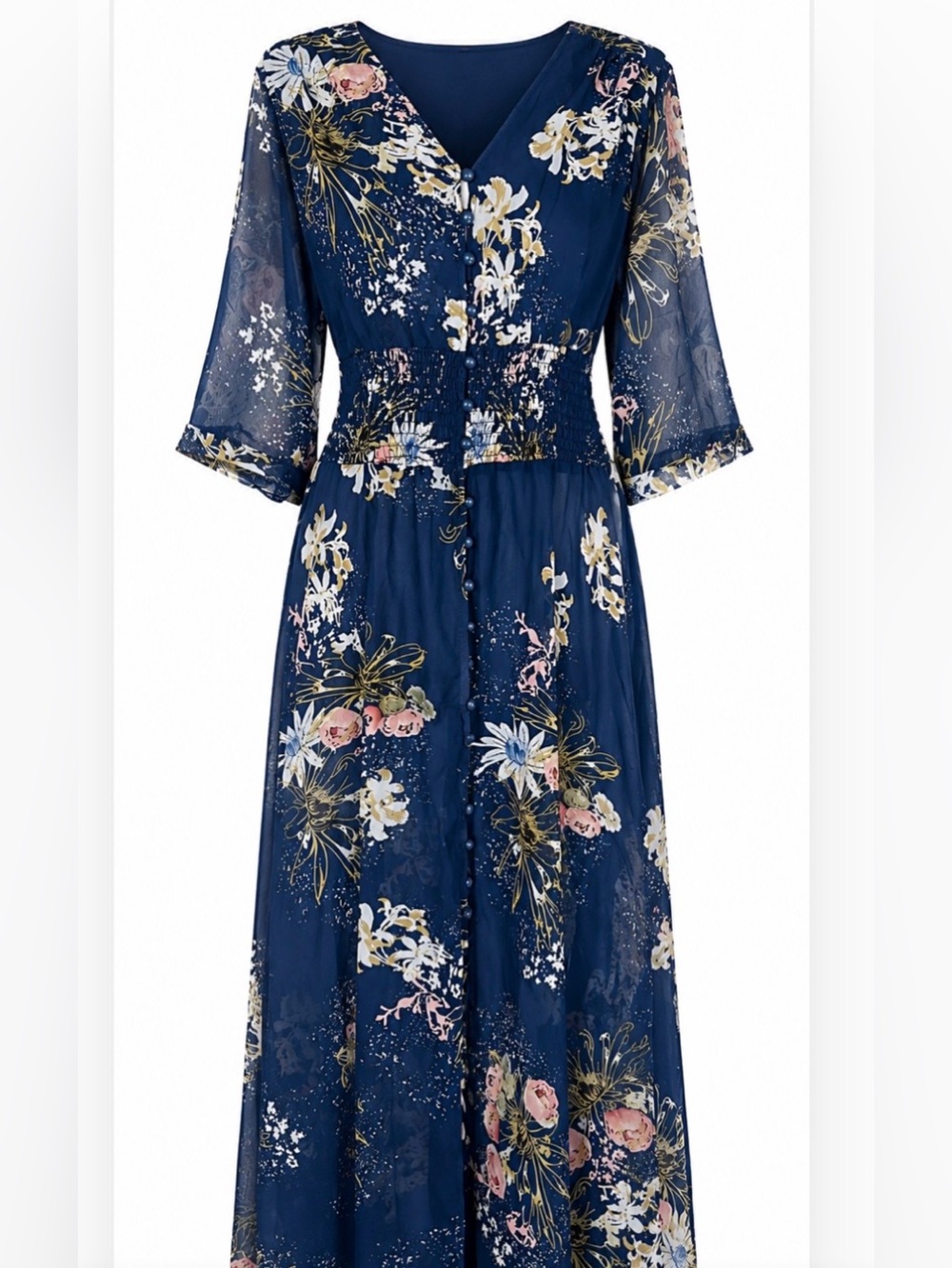 Blue Floral Sheer Cottagecore Maxi Dress Smocked Waist V Neck Button Front Boho